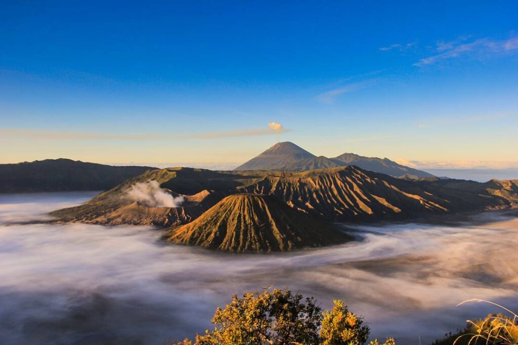 Bromo Tengger Semeru with blue sky and clouds, East Java Indonesia
