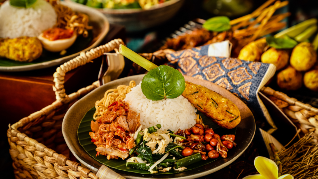 Indonesian mixed rice with a selection of local dishes and condiments